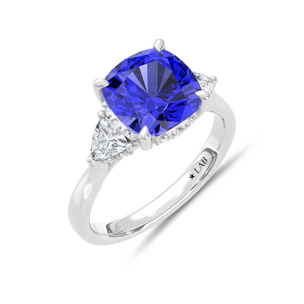 14K White Gold Lab Grown Diamond 5 1/5 Ct.Tw. Cushion Shape Recrystalized Blue Sapphire Engagement Ring (Center 4 1/2 ct)