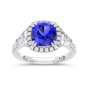 14K White Gold Lab Grown Diamond 4 Ct.Tw. Cushion Shape Recrystalized Blue Sapphire Engagement Ring (Center 2 3/4 ct)