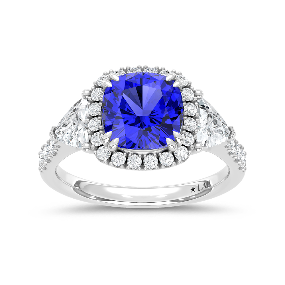 14K White Gold Lab Grown Diamond 4 Ct.Tw. Cushion Shape Recrystalized Blue Sapphire Engagement Ring (Center 2 3/4 ct)