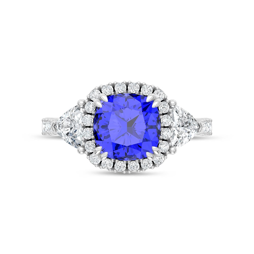 14K White Gold Lab Grown Diamond 4 Ct.Tw. Cushion Shape Recrystalized Blue Sapphire Engagement Ring (Center 2 3/4 ct)