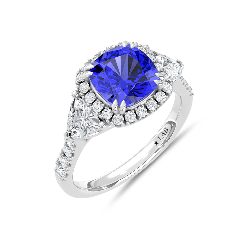 14K White Gold Lab Grown Diamond 4 Ct.Tw. Cushion Shape Recrystalized Blue Sapphire Engagement Ring (Center 2 3/4 ct)