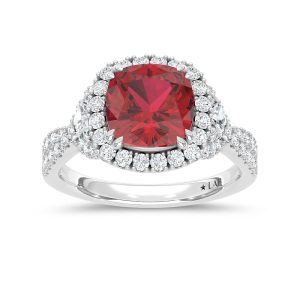 14K White Gold Lab Grown Diamond 3 5/8 Ct.Tw. Cushion Shape Recrystalized Ruby Engagement Ring (Center 2 3/4 ct)