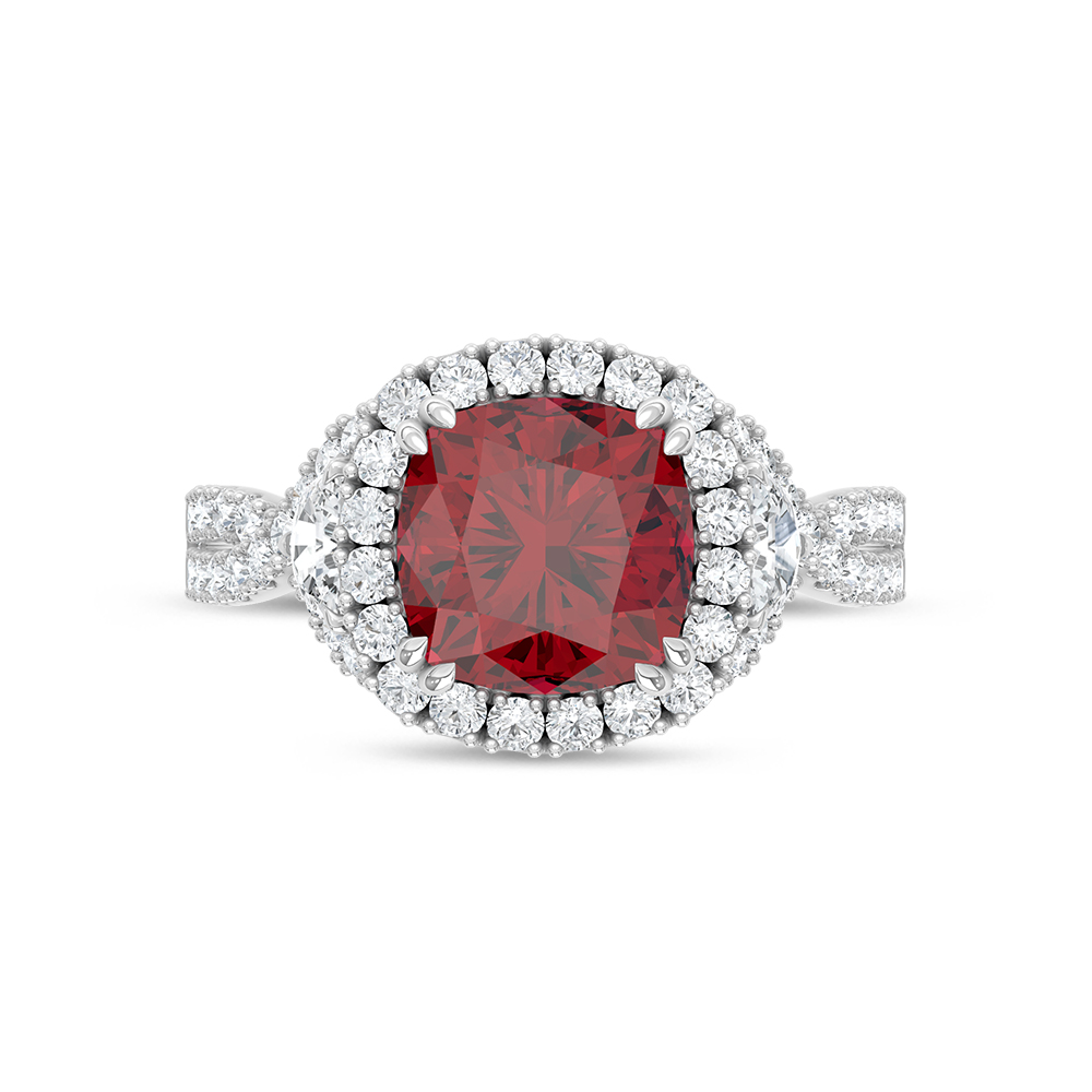 14K White Gold Lab Grown Diamond 3 5/8 Ct.Tw. Cushion Shape Recrystalized Ruby Engagement Ring (Center 2 3/4 ct)