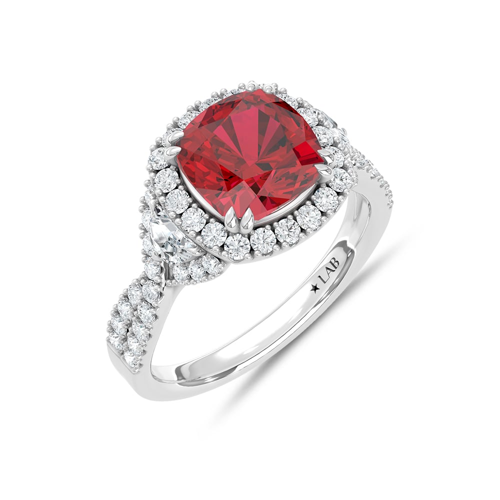 14K White Gold Lab Grown Diamond 3 5/8 Ct.Tw. Cushion Shape Recrystalized Ruby Engagement Ring (Center 2 3/4 ct)