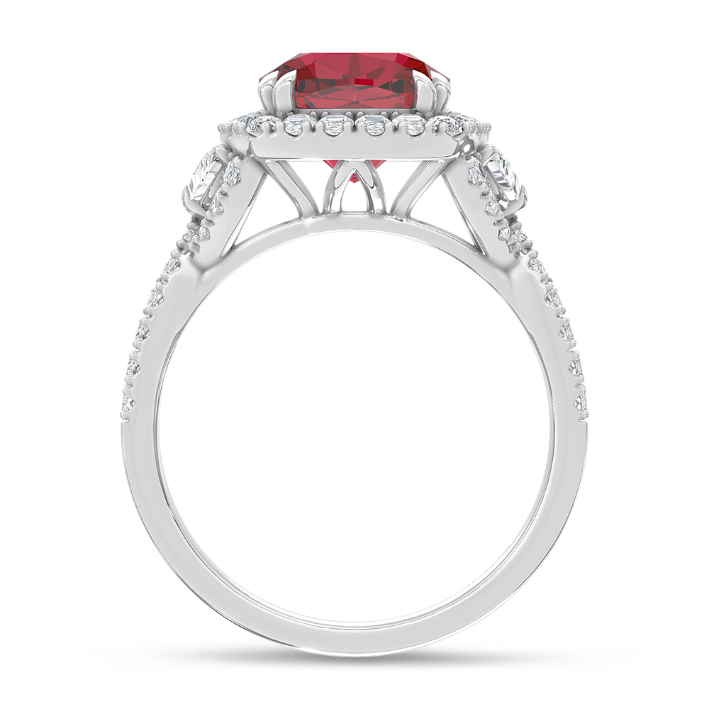 14K White Gold Lab Grown Diamond 3 5/8 Ct.Tw. Cushion Shape Recrystalized Ruby Engagement Ring (Center 2 3/4 ct)