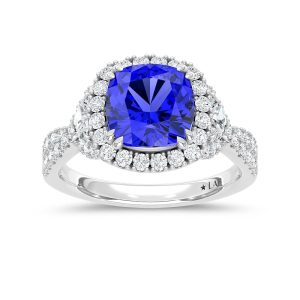 14K White Gold Lab Grown Diamond 3 5/8 Ct.Tw. Cushion Shape Recrystalized Blue Sapphire Engagement Ring (Center 2 3/4 ct)