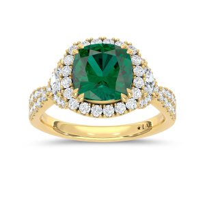 14K Yellow Gold Lab Grown Diamond 2 7/8 Ct.Tw. Cushion Shape Recrystalized Emerald Engagement Ring (Center 2 ct)