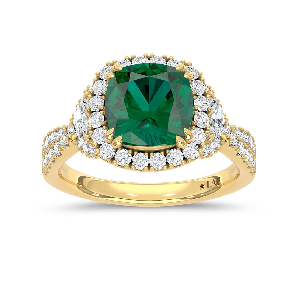14K Yellow Gold Lab Grown Diamond 2 7/8 Ct.Tw. Cushion Shape Recrystalized Emerald Engagement Ring (Center 2 ct)