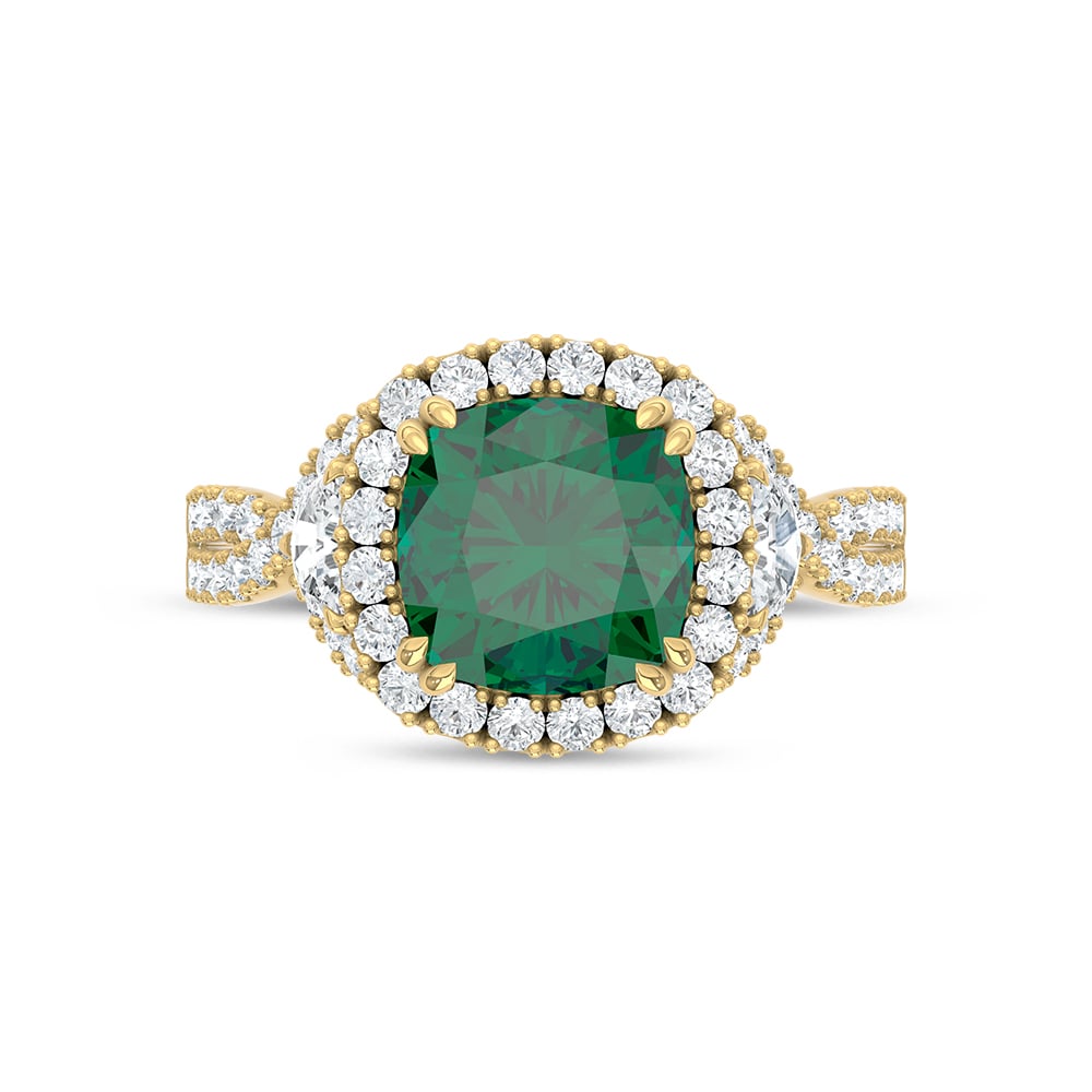 14K Yellow Gold Lab Grown Diamond 2 7/8 Ct.Tw. Cushion Shape Recrystalized Emerald Engagement Ring (Center 2 ct)