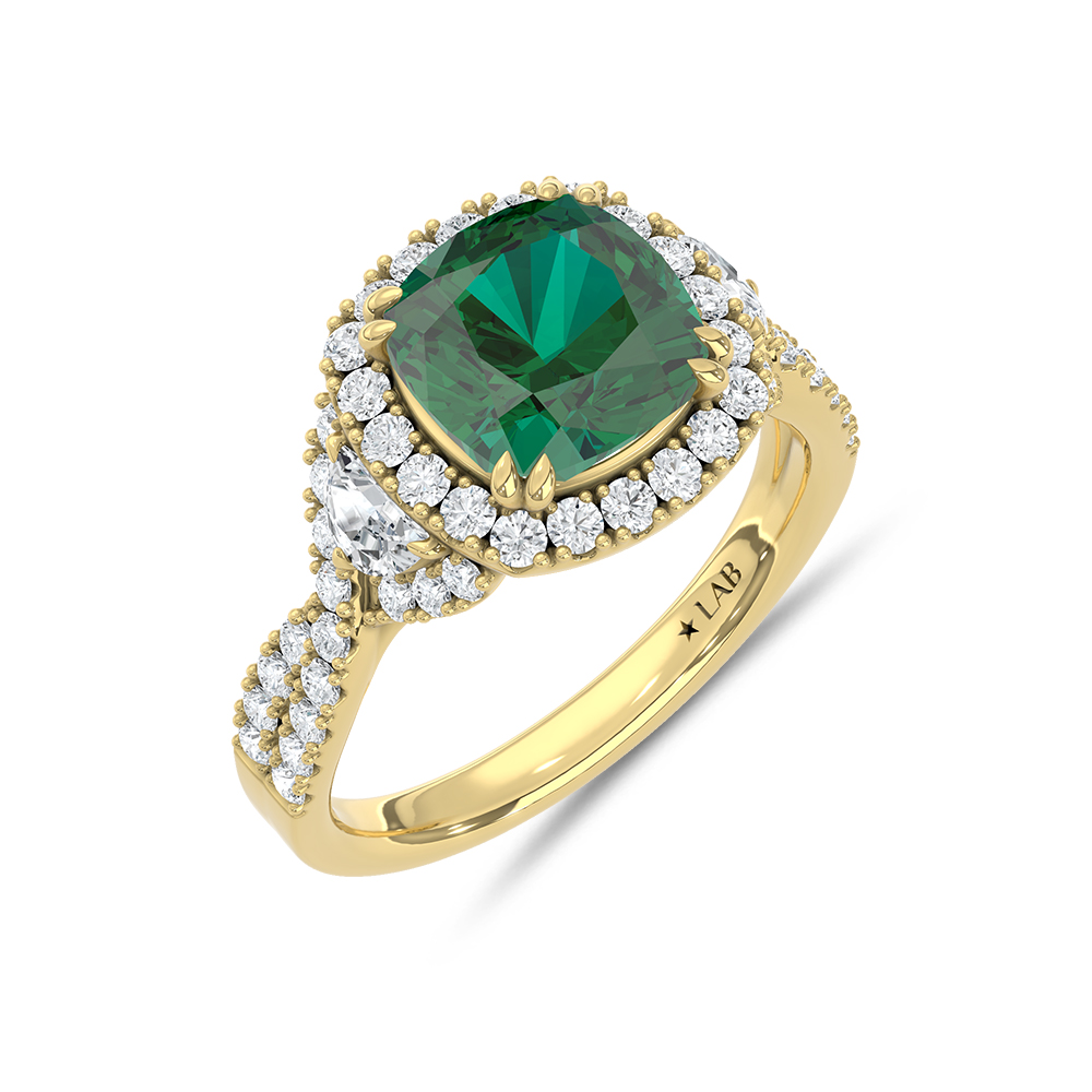 14K Yellow Gold Lab Grown Diamond 2 7/8 Ct.Tw. Cushion Shape Recrystalized Emerald Engagement Ring (Center 2 ct)