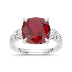 14K White Gold Lab Grown Diamond 6 1/2 Ct.Tw. Cushion Shape Recrystalized Ruby Engagement Ring (Center 5 3/4 ct)