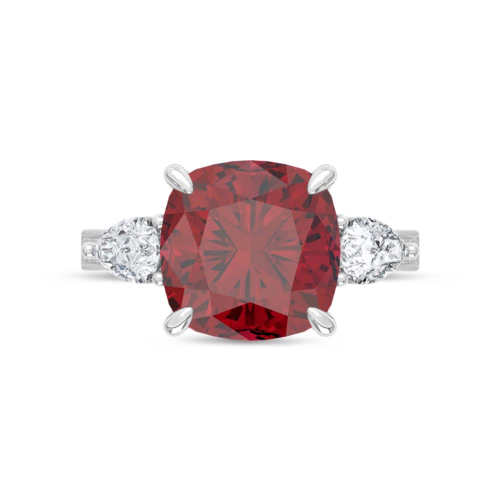 14K White Gold Lab Grown Diamond 6 1/2 Ct.Tw. Cushion Shape Recrystalized Ruby Engagement Ring (Center 5 3/4 ct)