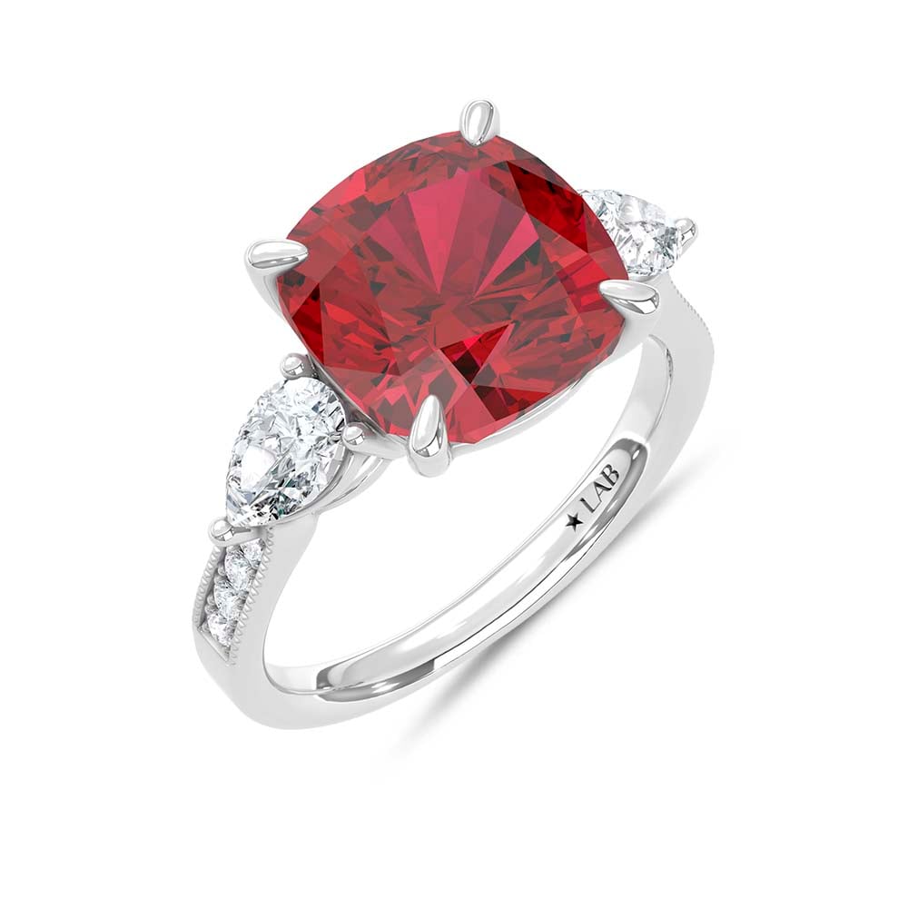 14K White Gold Lab Grown Diamond 6 1/2 Ct.Tw. Cushion Shape Recrystalized Ruby Engagement Ring (Center 5 3/4 ct)