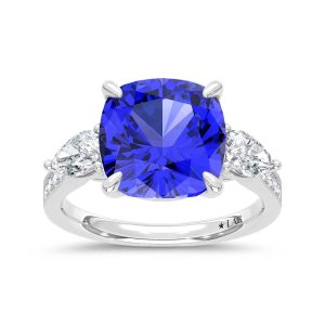 14K White Gold Lab Grown Diamond 6 1/2 Ct.Tw. Cushion Shape Recrystalized Blue Sapphire Engagement Ring (Center 5 3/4 ct)