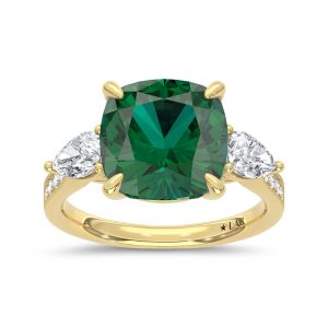 14K Yellow Gold Lab Grown Diamond 4 5/8 Ct.Tw. Cushion Shape Recrystalized Emerald Engagement Ring (Center 3 7/8 ct)