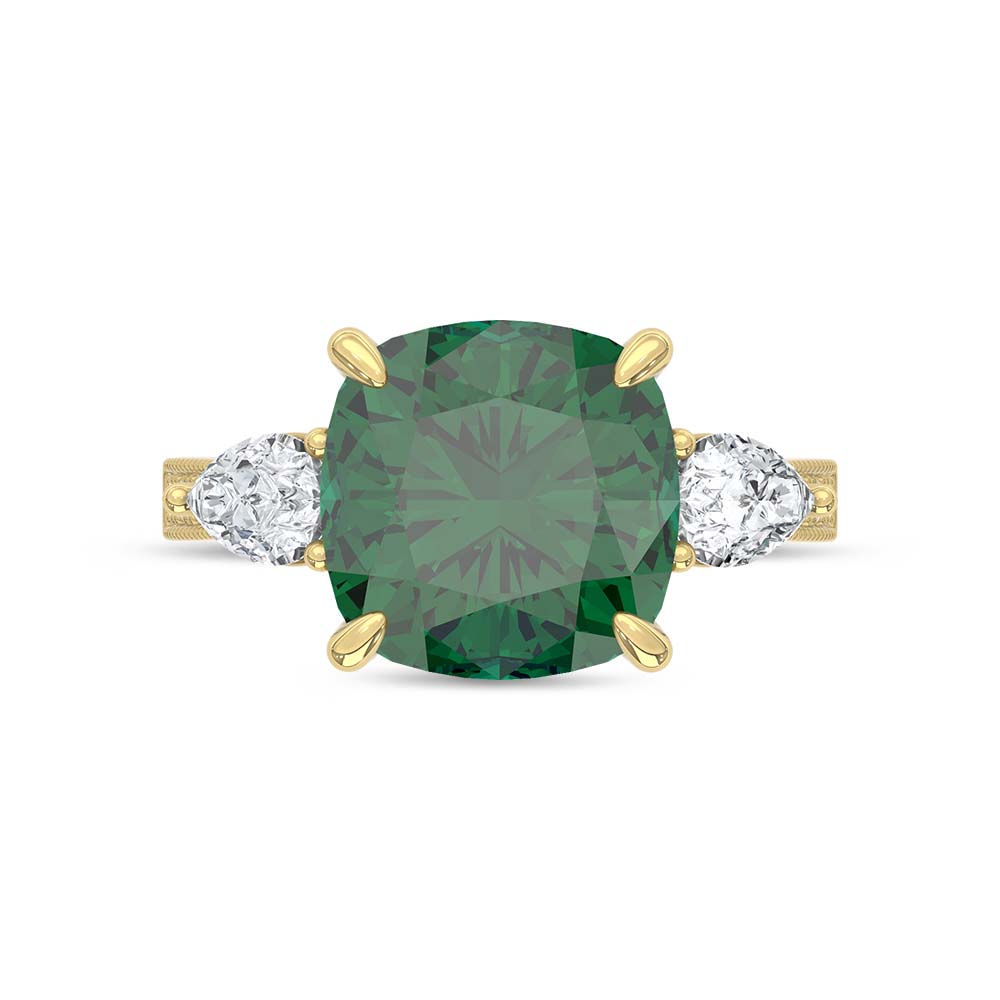 14K Yellow Gold Lab Grown Diamond 4 5/8 Ct.Tw. Cushion Shape Recrystalized Emerald Engagement Ring (Center 3 7/8 ct)