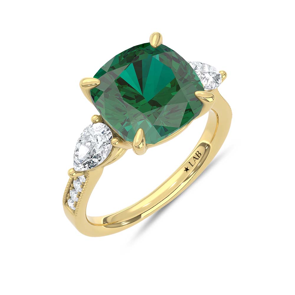 14K Yellow Gold Lab Grown Diamond 4 5/8 Ct.Tw. Cushion Shape Recrystalized Emerald Engagement Ring (Center 3 7/8 ct)