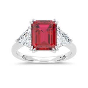 14K White Gold Lab Grown Diamond 5 7/8 Ct.Tw. Emerald Shape Recrystalized Ruby Engagement Ring (Center 4 1/2 ct)