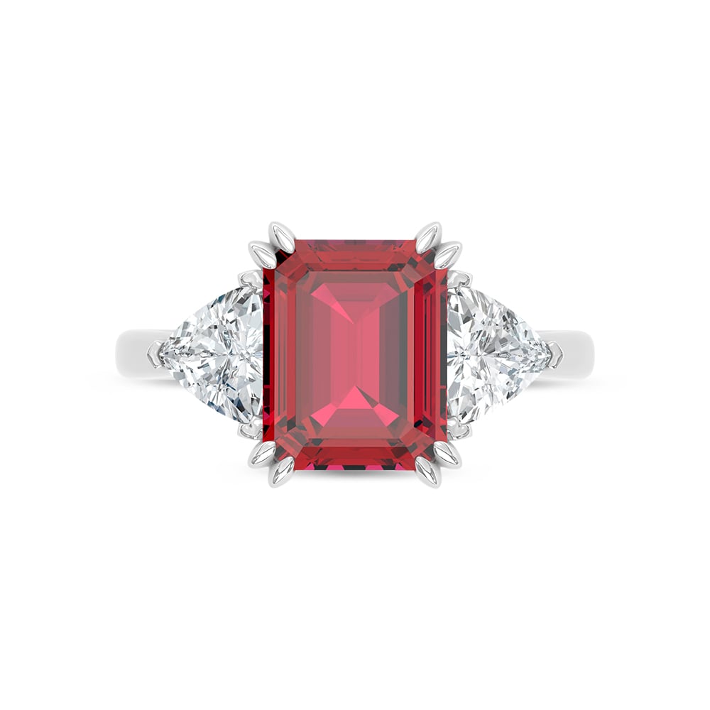 14K White Gold Lab Grown Diamond 5 7/8 Ct.Tw. Emerald Shape Recrystalized Ruby Engagement Ring (Center 4 1/2 ct)
