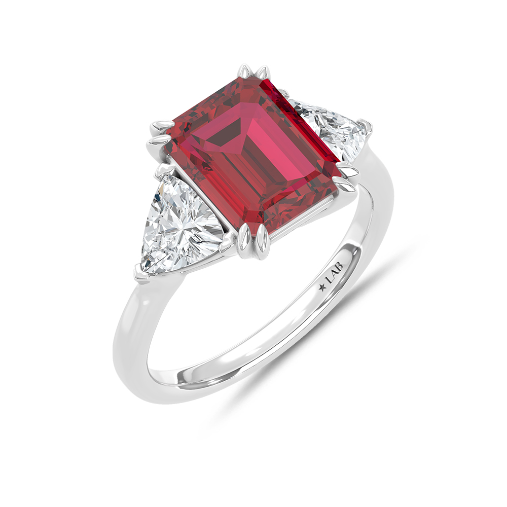 14K White Gold Lab Grown Diamond 5 7/8 Ct.Tw. Emerald Shape Recrystalized Ruby Engagement Ring (Center 4 1/2 ct)