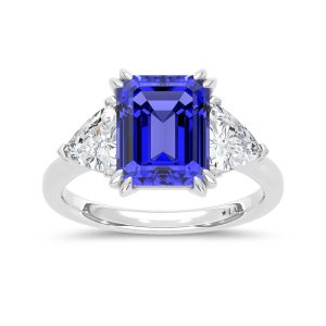 14K White Gold Lab Grown Diamond 5 7/8 Ct.Tw. Emerald Shape Recrystalized Blue sapphire Engagement Ring (Center 4 1/2 ct)