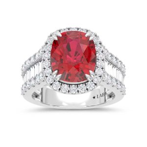 14K White Gold Lab Grown Diamond 7 Ct.Tw. Cushion Shape Recrystalized Ruby Engagement Ring (Center 5 1/2 ct)