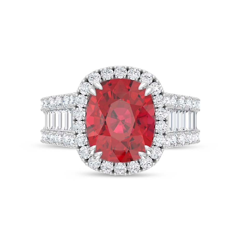 14K White Gold Lab Grown Diamond 7 Ct.Tw. Cushion Shape Recrystalized Ruby Engagement Ring (Center 5 1/2 ct)