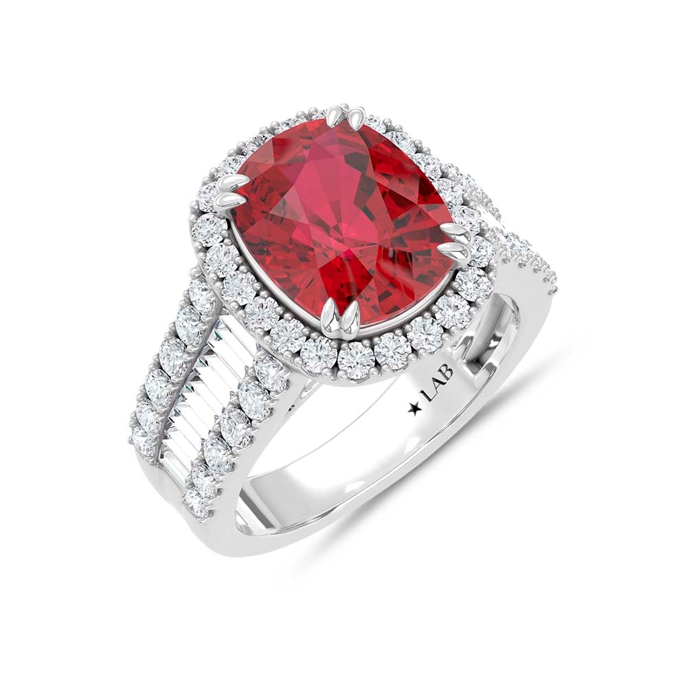 14K White Gold Lab Grown Diamond 7 Ct.Tw. Cushion Shape Recrystalized Ruby Engagement Ring (Center 5 1/2 ct)