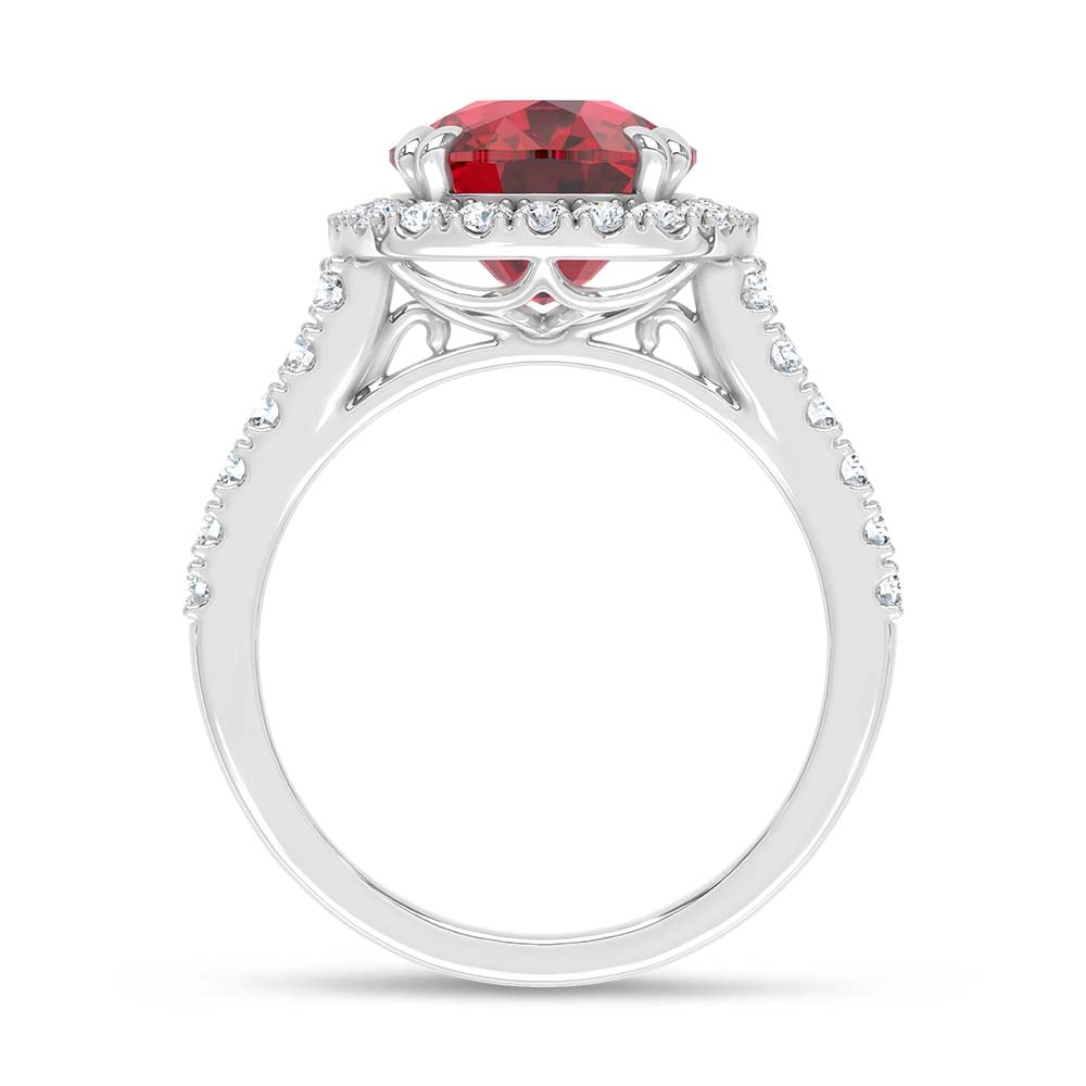 14K White Gold Lab Grown Diamond 7 Ct.Tw. Cushion Shape Recrystalized Ruby Engagement Ring (Center 5 1/2 ct)