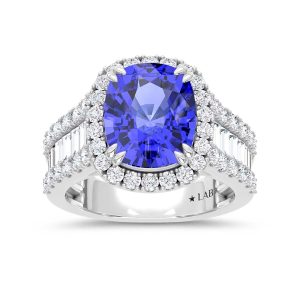 14K White Gold Lab Grown Diamond 7 Ct.Tw. Cushion Shape Recrystalized Blue Sapphire Engagement Ring (Center 5 1/2 ct)