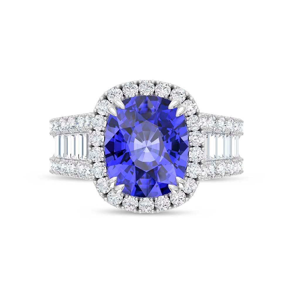 14K White Gold Lab Grown Diamond 7 Ct.Tw. Cushion Shape Recrystalized Blue Sapphire Engagement Ring (Center 5 1/2 ct)