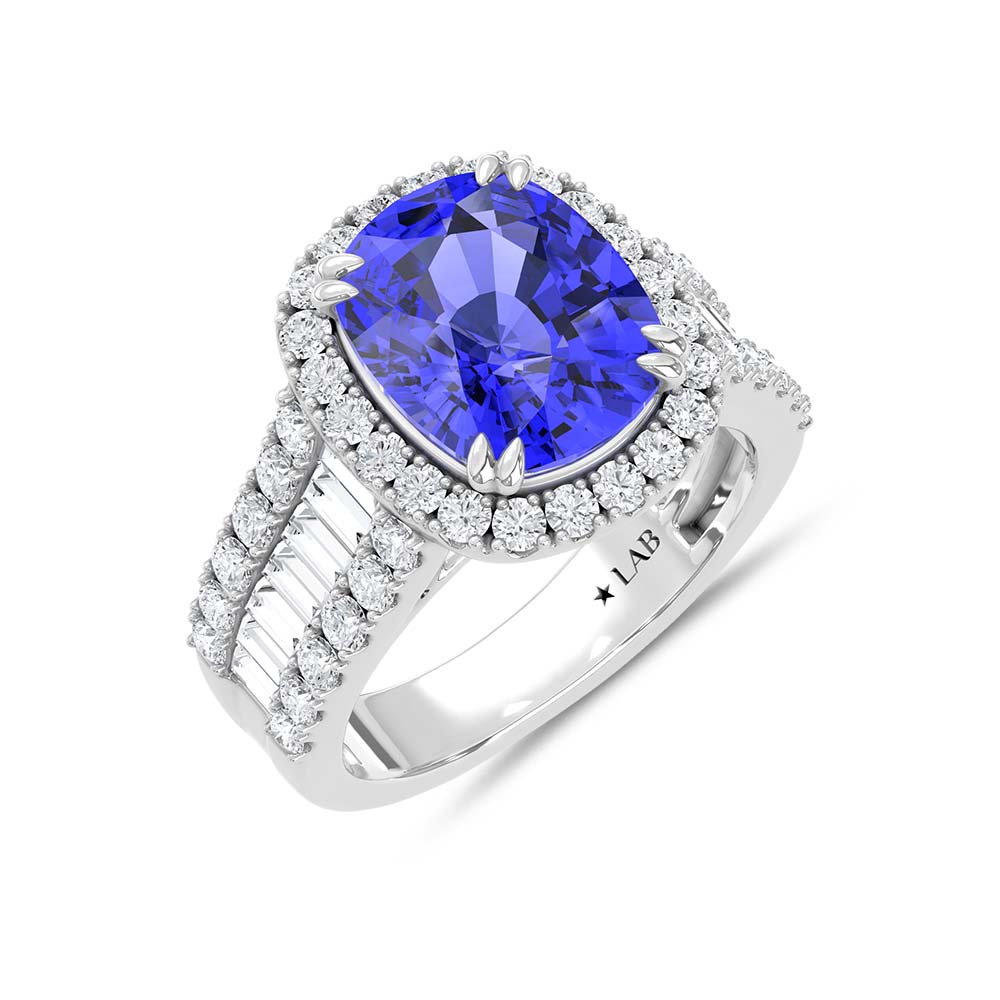 14K White Gold Lab Grown Diamond 7 Ct.Tw. Cushion Shape Recrystalized Blue Sapphire Engagement Ring (Center 5 1/2 ct)