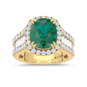 14K Yellow Gold Lab Grown Diamond 5 7/8 Ct.Tw. Cushion Shape Recrystalized Emerald Engagement Ring (Center 4 1/3 ct)