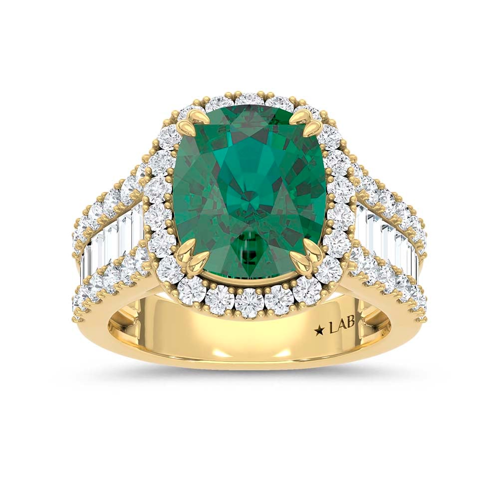 14K Yellow Gold Lab Grown Diamond 5 7/8 Ct.Tw. Cushion Shape Recrystalized Emerald Engagement Ring (Center 4 1/3 ct)