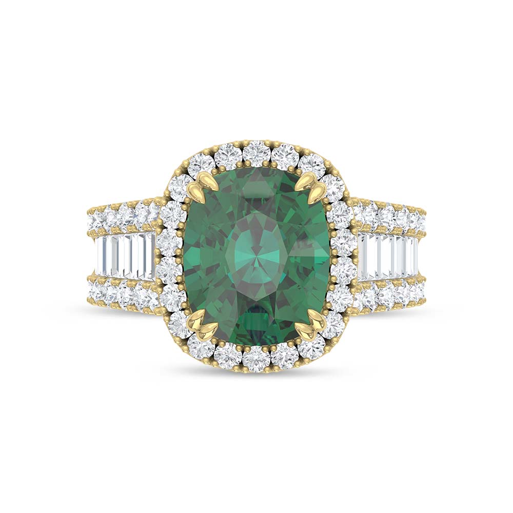 14K Yellow Gold Lab Grown Diamond 5 7/8 Ct.Tw. Cushion Shape Recrystalized Emerald Engagement Ring (Center 4 1/3 ct)