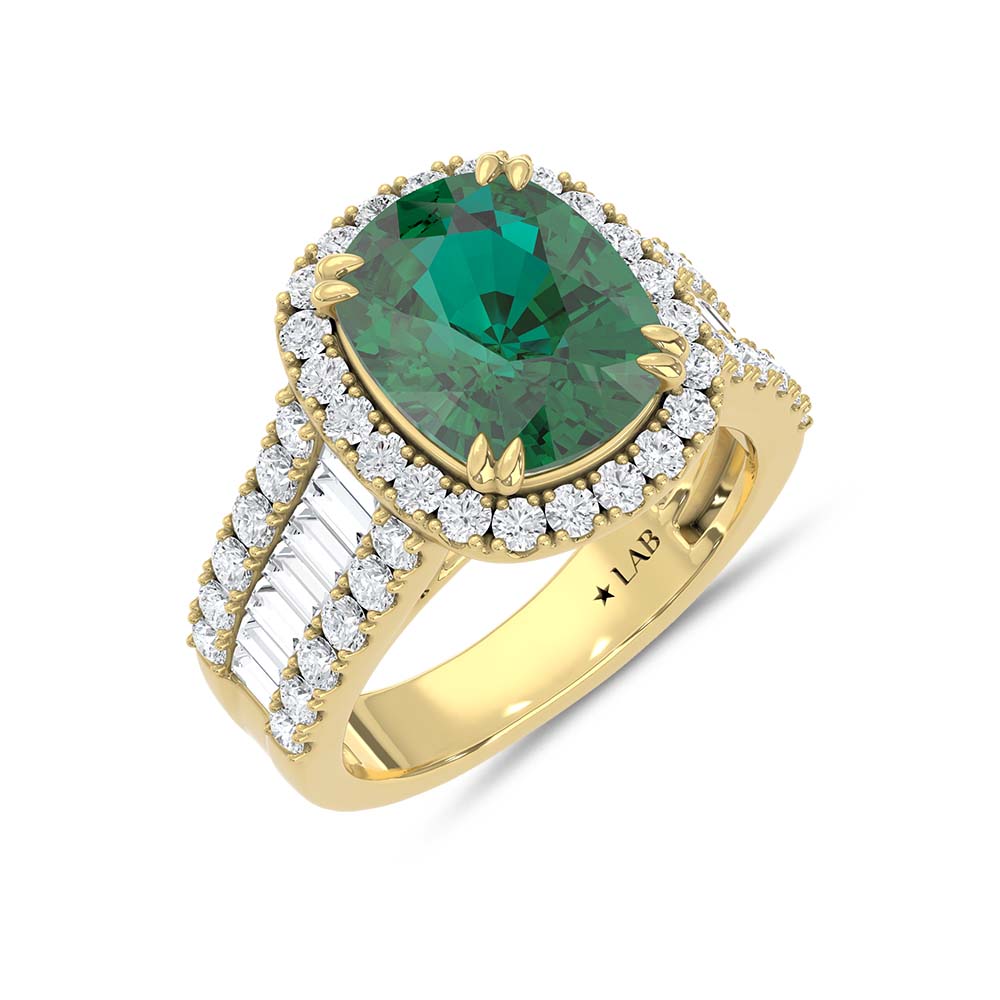 14K Yellow Gold Lab Grown Diamond 5 7/8 Ct.Tw. Cushion Shape Recrystalized Emerald Engagement Ring (Center 4 1/3 ct)
