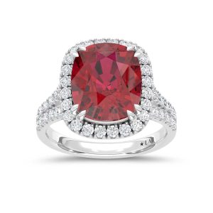 14K White Gold Lab Grown Diamond 9 1/4 Ct.Tw. Cushion Shape Recrystalized Ruby Engagement Ring (Center 8 3/8 ct)