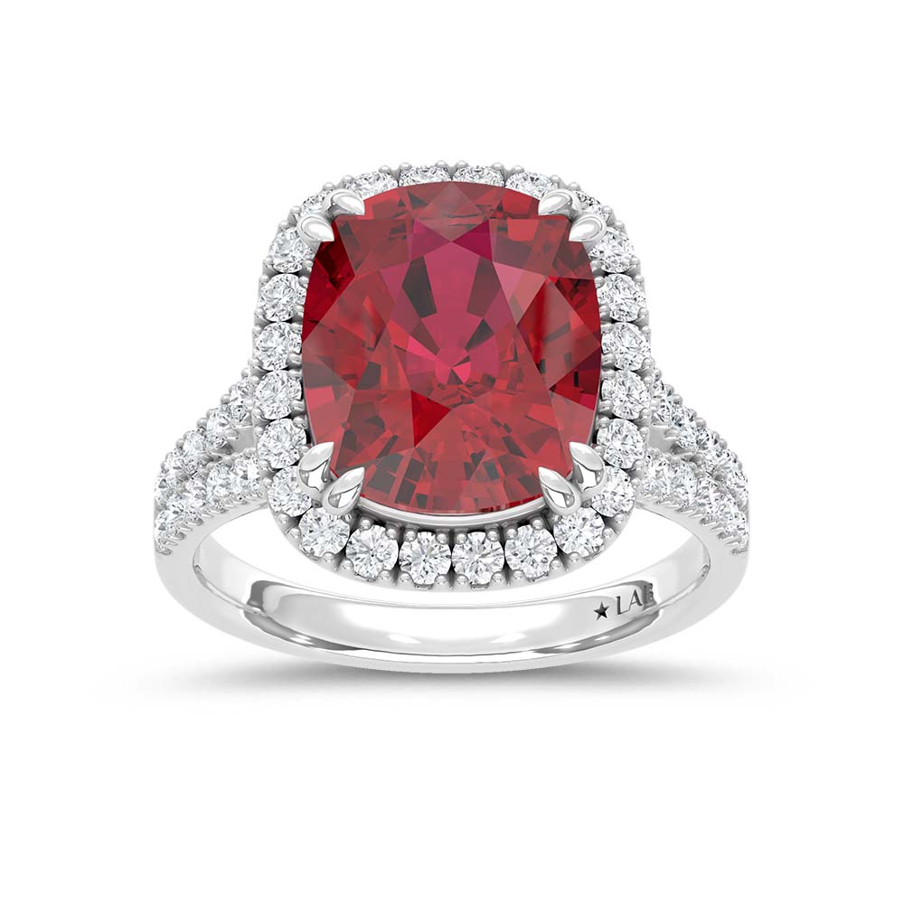 14K White Gold Lab Grown Diamond 9 1/4 Ct.Tw. Cushion Shape Recrystalized Ruby Engagement Ring (Center 8 3/8 ct)