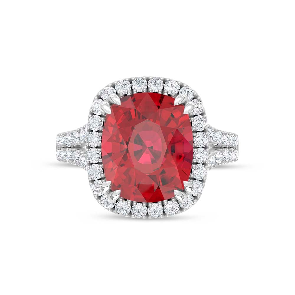 14K White Gold Lab Grown Diamond 9 1/4 Ct.Tw. Cushion Shape Recrystalized Ruby Engagement Ring (Center 8 3/8 ct)