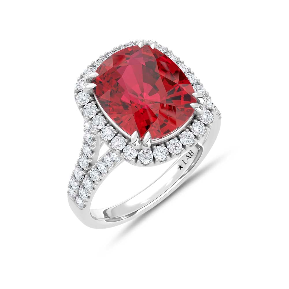 14K White Gold Lab Grown Diamond 9 1/4 Ct.Tw. Cushion Shape Recrystalized Ruby Engagement Ring (Center 8 3/8 ct)