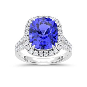14K White Gold Lab Grown Diamond 9 1/4 Ct.Tw. Cushion Shape Recrystalized Blue Sapphire Engagement Ring (Center 8 3/8 ct)