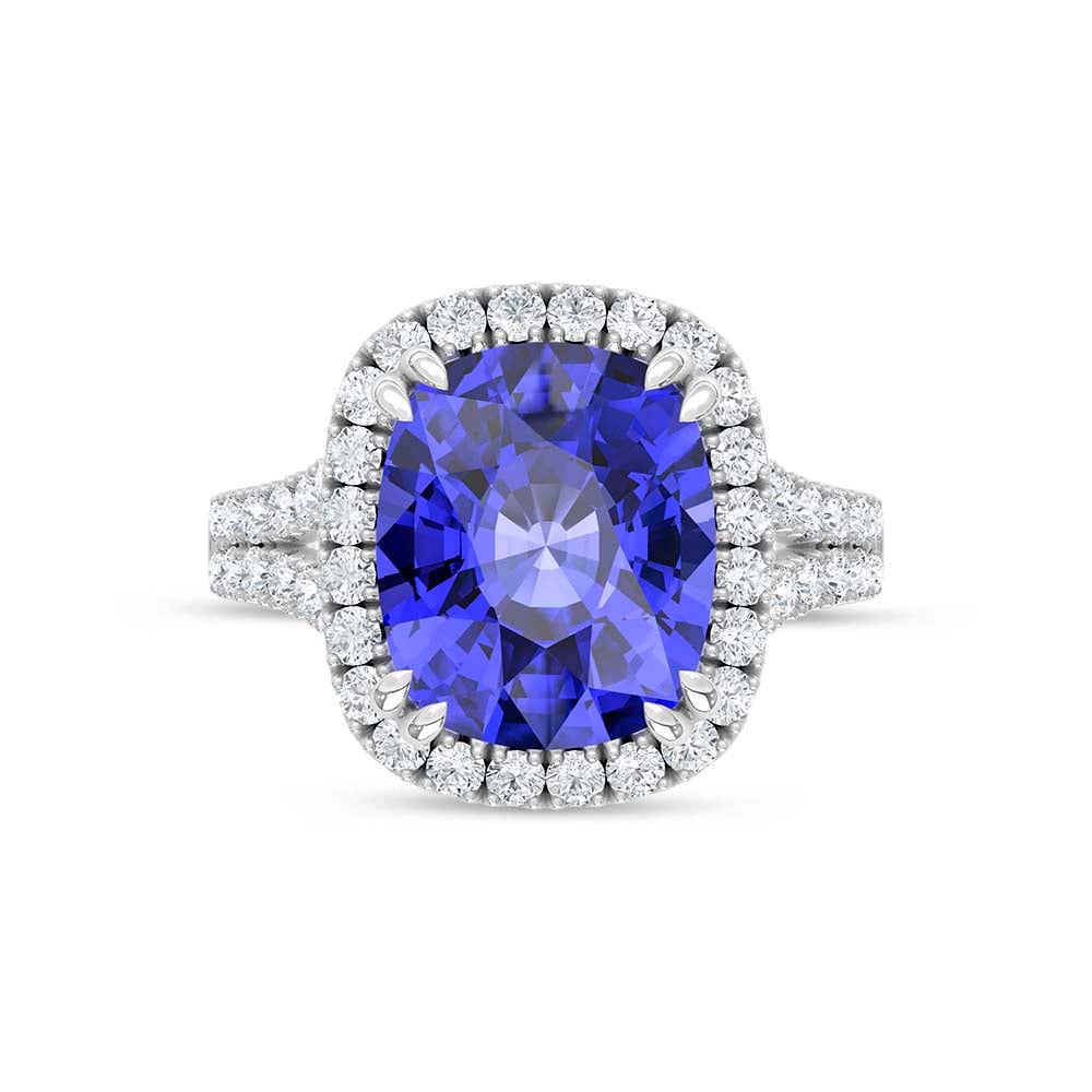 14K White Gold Lab Grown Diamond 9 1/4 Ct.Tw. Cushion Shape Recrystalized Blue Sapphire Engagement Ring (Center 8 3/8 ct)