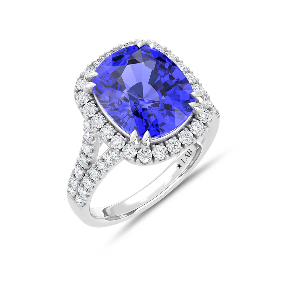 14K White Gold Lab Grown Diamond 9 1/4 Ct.Tw. Cushion Shape Recrystalized Blue Sapphire Engagement Ring (Center 8 3/8 ct)