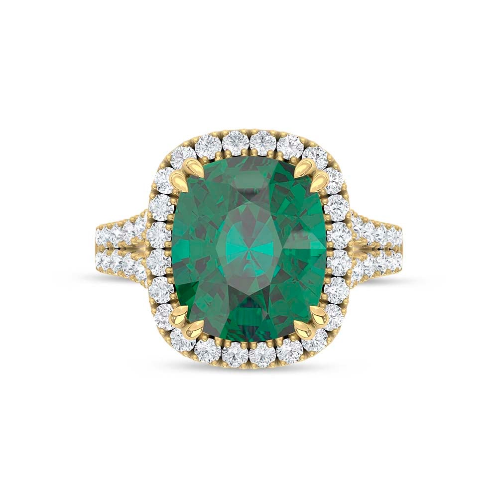 14K Yellow Gold Lab Grown Diamond 6 1/2 Ct.Tw. Cushion Shape Recrystalized Emerald Engagement Ring (Center 5 5/8 ct)
