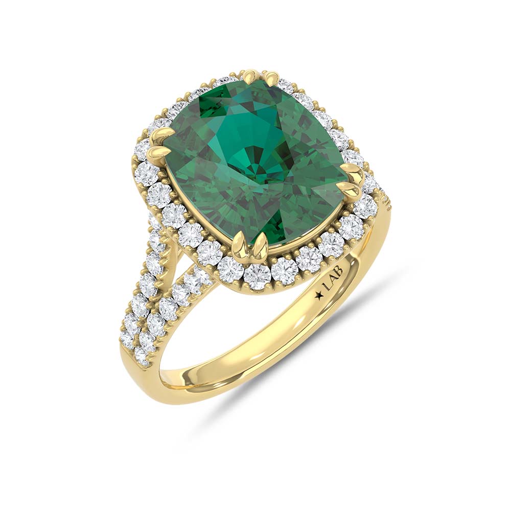 14K Yellow Gold Lab Grown Diamond 6 1/2 Ct.Tw. Cushion Shape Recrystalized Emerald Engagement Ring (Center 5 5/8 ct)