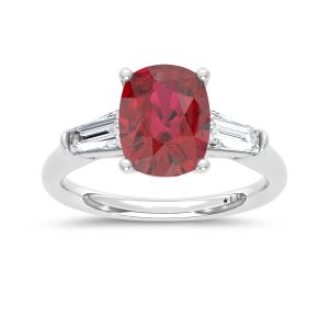 14K White Gold Lab Grown Diamond 3 3/4 Ct.Tw. Cushion Shape Recrystalized Ruby Engagement Ring (Center 3 ct)