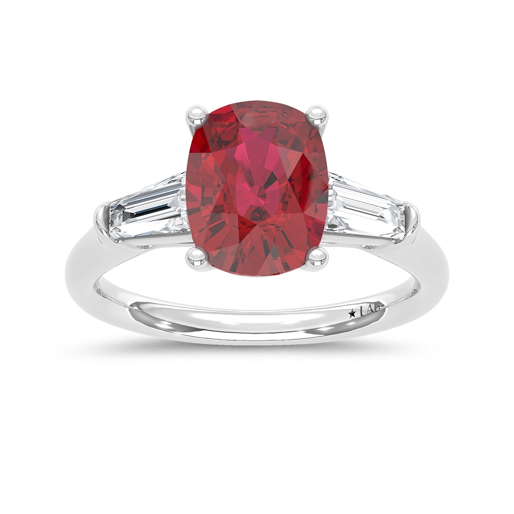 14K White Gold Lab Grown Diamond 3 3/4 Ct.Tw. Cushion Shape Recrystalized Ruby Engagement Ring (Center 3 ct)
