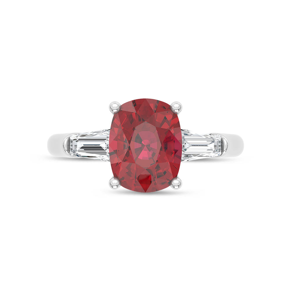 14K White Gold Lab Grown Diamond 3 3/4 Ct.Tw. Cushion Shape Recrystalized Ruby Engagement Ring (Center 3 ct)