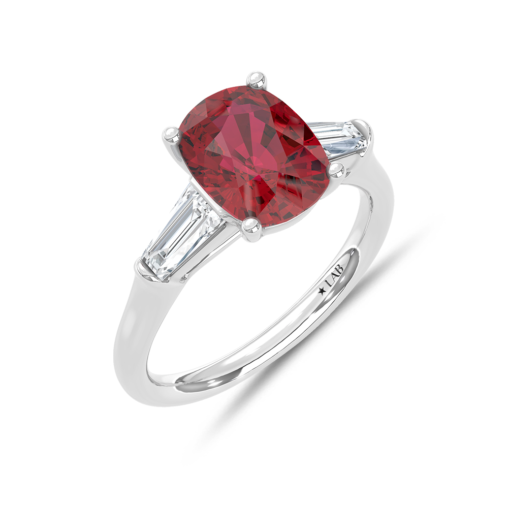 14K White Gold Lab Grown Diamond 3 3/4 Ct.Tw. Cushion Shape Recrystalized Ruby Engagement Ring (Center 3 ct)