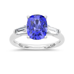 14K White Gold Lab Grown Diamond 3 3/4 Ct.Tw. Cushion Shape Recrystalized Blue Sapphire Engagement Ring (Center 3 ct)